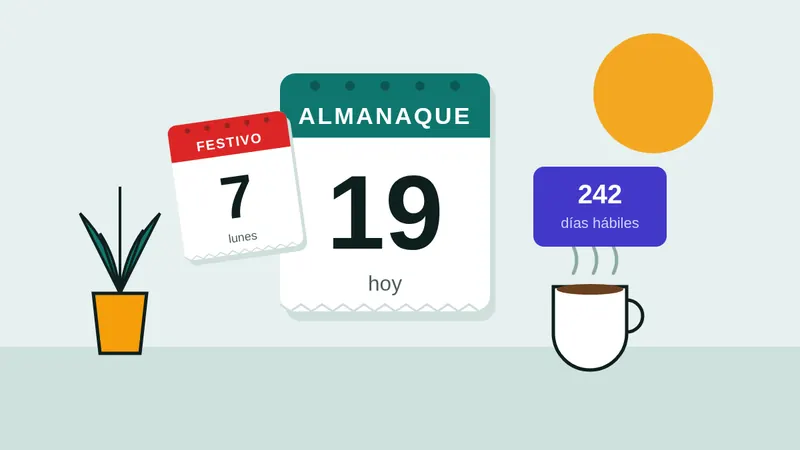 Ilustración de un almanaque de hoja arrancable sobre un escritorio, con una taza de café colombiano, una planta y un contador de días hábiles