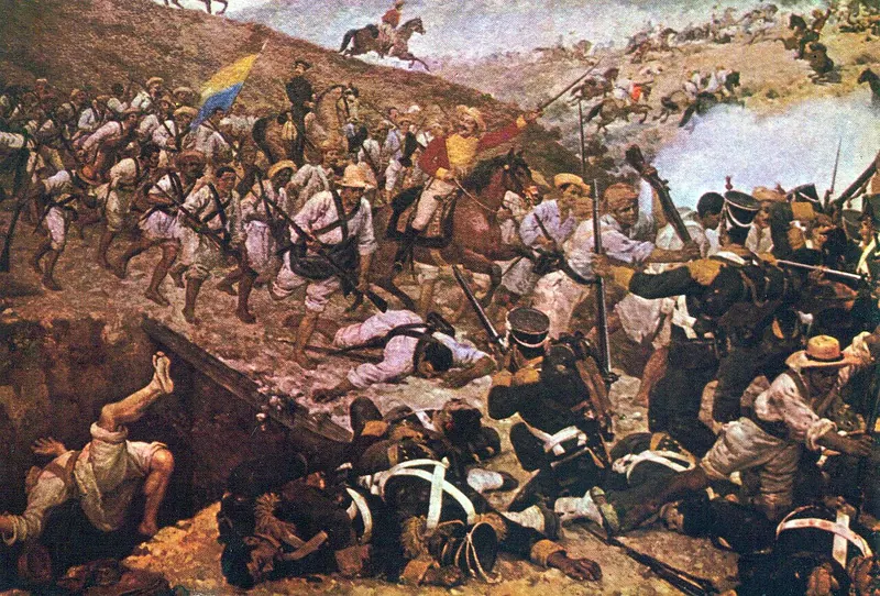 Pintura de la Batalla de Boyacá de Martín Tovar y Tovar con tropas a caballo en el campo de batalla