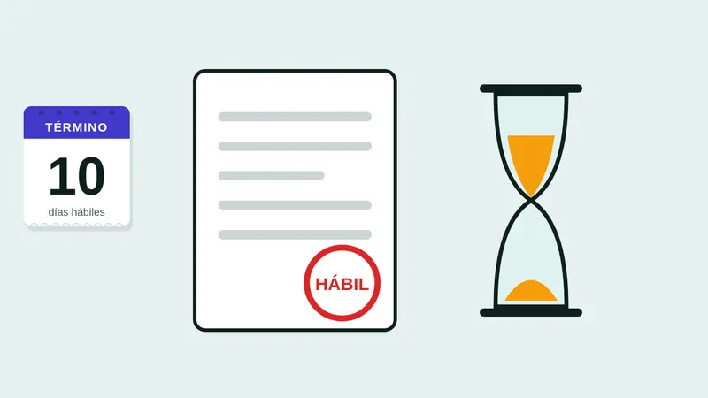 Ilustración de un documento con sello de día hábil, un reloj de arena y una hoja de almanaque para calcular términos